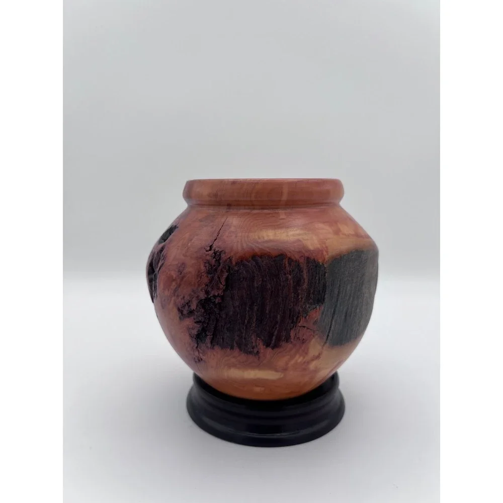 Hand Turned Cedar Wood Vase Artisan Signed Natural Live Edge Decorative Pot Burl